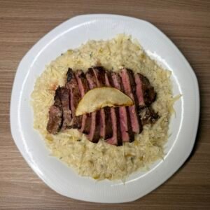 Risoto de Pera com Gorgonzola acompanhado de Flat Iron